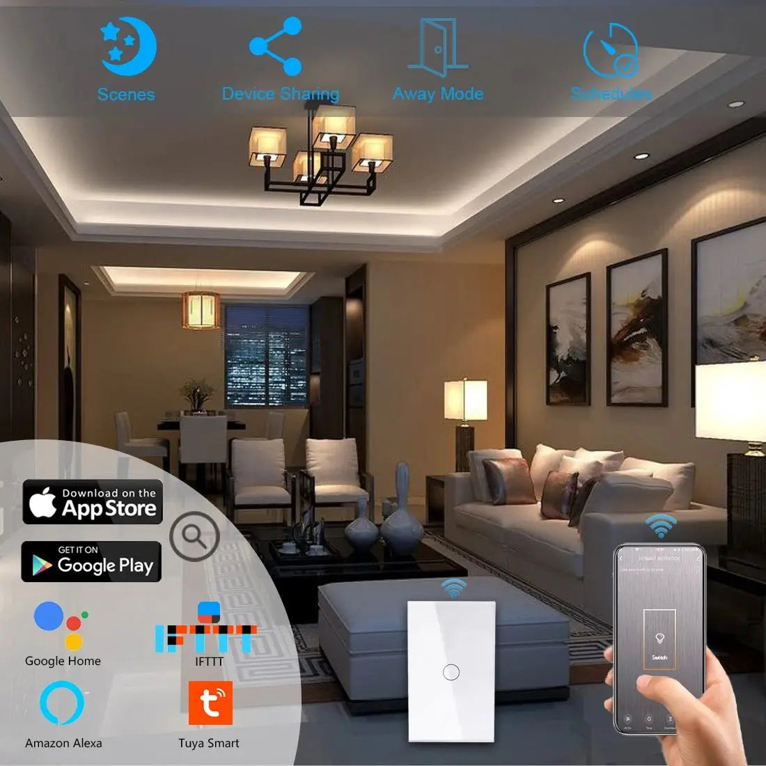 Tuya Smart Switches US No Neutral Wire Required 1/2/3 Gang Light WiFi Touch Switch Work with Alexa Google Home.