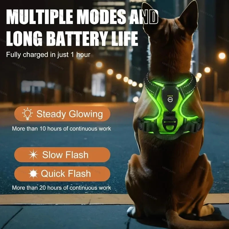 LED Luminous Dog Harnesses for Dog Walking Safety at Night USB Rechargeable Dog Vest with Three LED Light Modes.