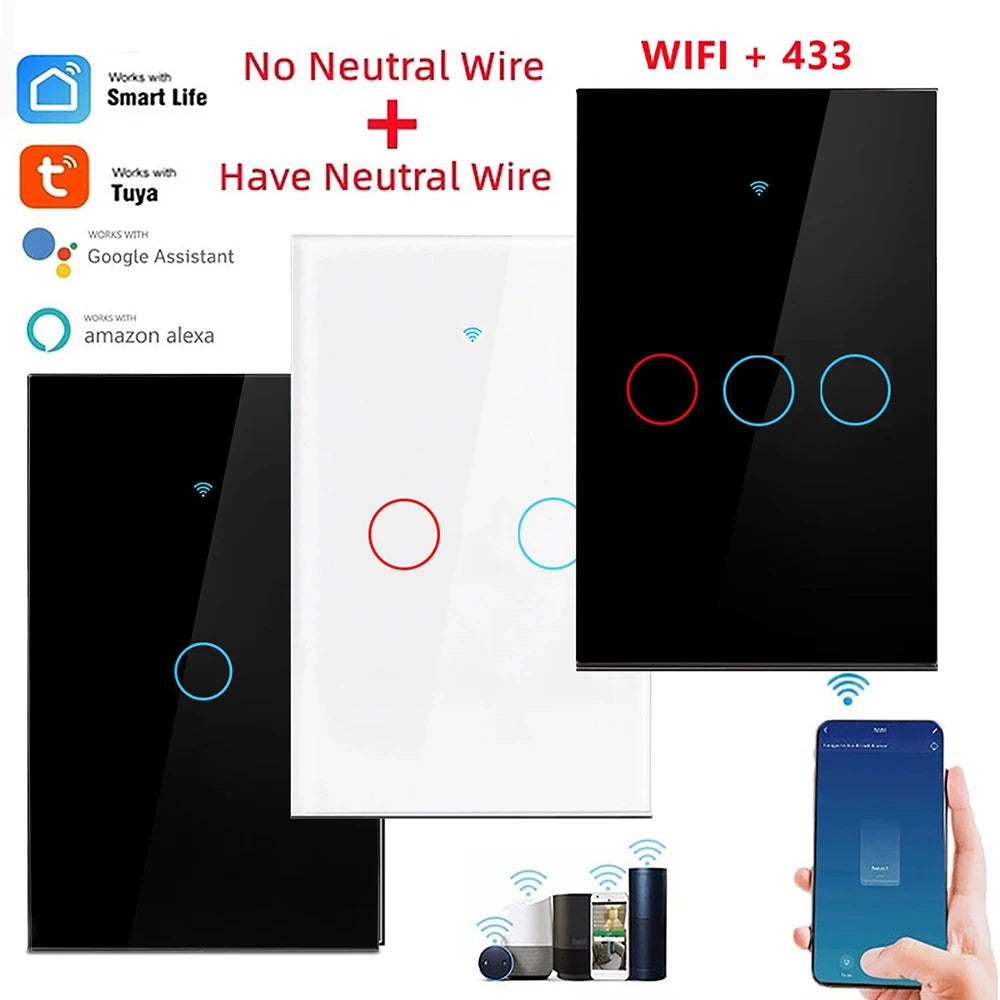 Tuya Smart Switches US No Neutral Wire Required 1/2/3 Gang Light WiFi Touch Switch Work with Alexa Google Home.