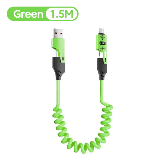 65W 6A Spring Coiled USB-C Cable 4-In-1 Fast Charging for Iphone 16 15 14 13 12 Pro Max Samsung Multi-Device Durable Cord.