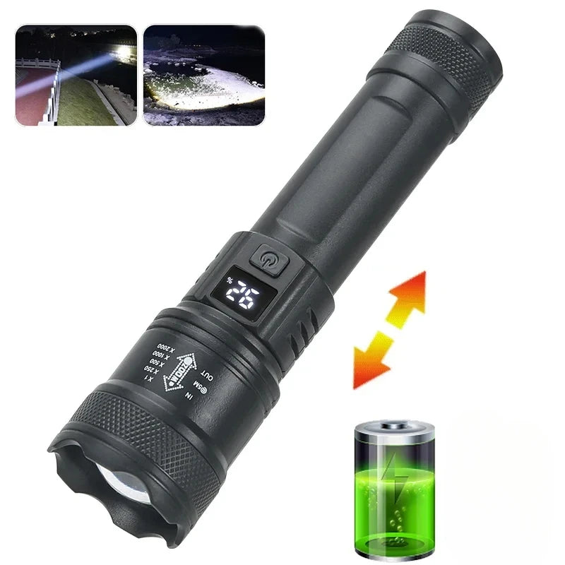 9900LM Powerful LED Flashlight Battery Display USB Rechargeable Light Telescopic Zoom Torch Lamp Outdoor Camping Fishing Lantern.