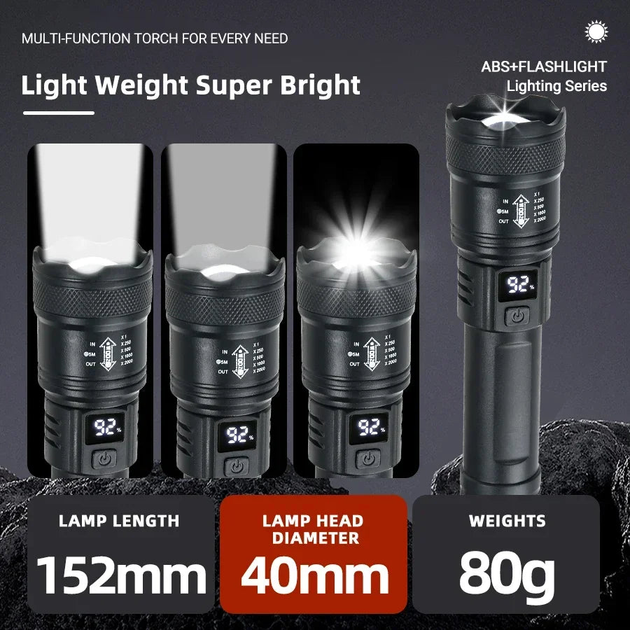 9900LM Powerful LED Flashlight Battery Display USB Rechargeable Light Telescopic Zoom Torch Lamp Outdoor Camping Fishing Lantern.