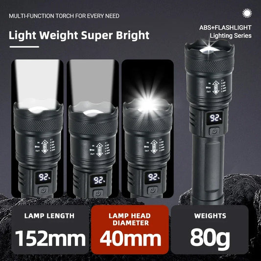 9900LM Powerful LED Flashlight Battery Display USB Rechargeable Light Telescopic Zoom Torch Lamp Outdoor Camping Fishing Lantern.