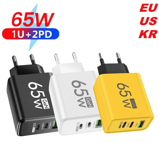 GaN 65W Type C PD Charger 3 Ports USB Fast Charging Cellphone Adapter Quick Charger 3.0 For iPhone 15 14 Xiaomi Samsung Huawei.
