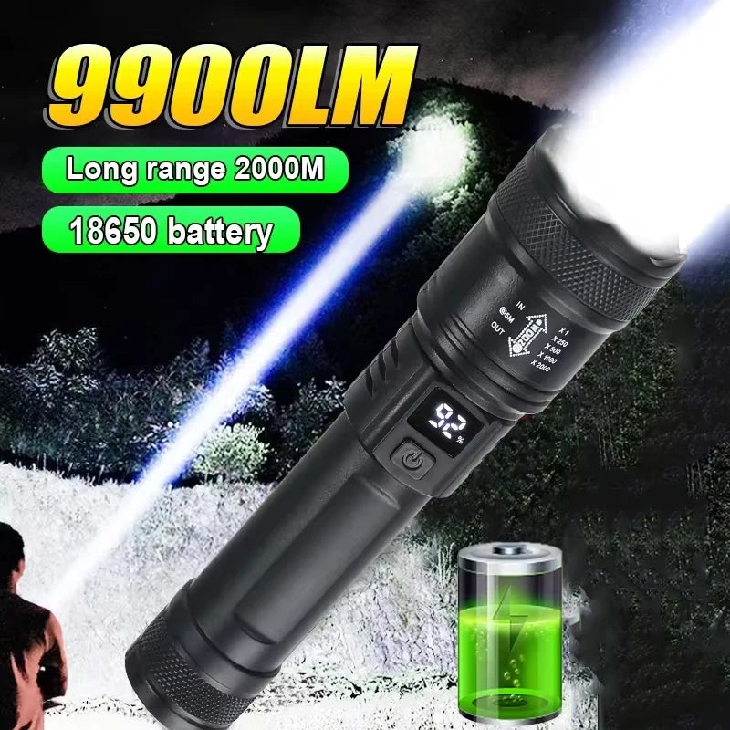 9900LM Powerful LED Flashlight Battery Display USB Rechargeable Light Telescopic Zoom Torch Lamp Outdoor Camping Fishing Lantern.
