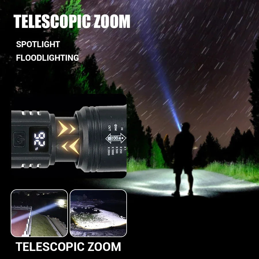 9900LM Powerful LED Flashlight Battery Display USB Rechargeable Light Telescopic Zoom Torch Lamp Outdoor Camping Fishing Lantern.