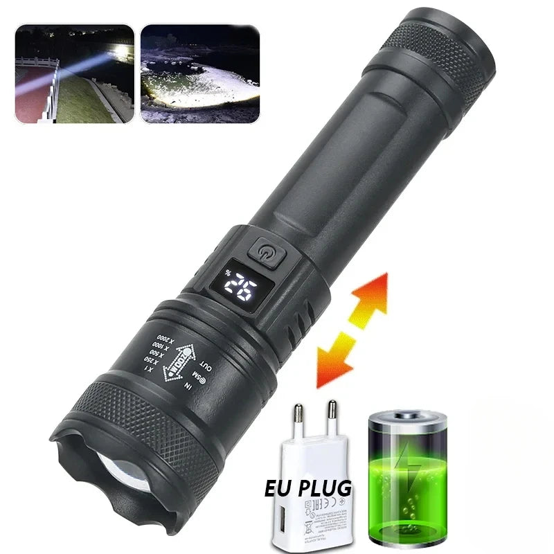 9900LM Powerful LED Flashlight Battery Display USB Rechargeable Light Telescopic Zoom Torch Lamp Outdoor Camping Fishing Lantern.