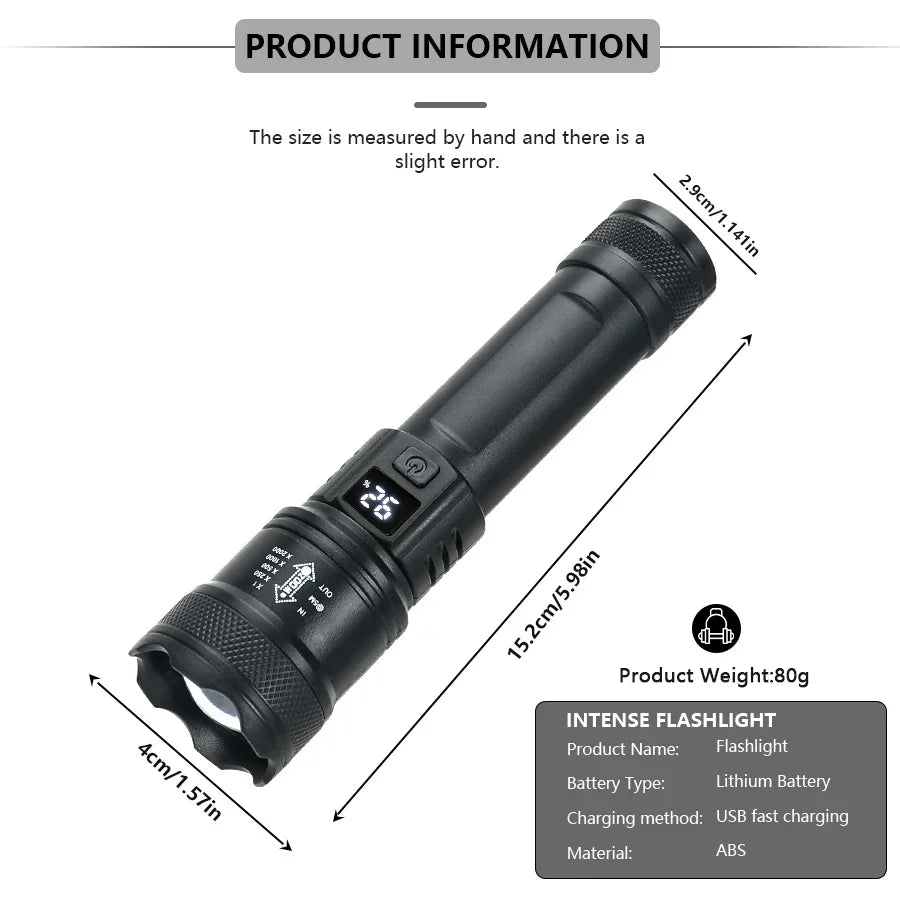 9900LM Powerful LED Flashlight Battery Display USB Rechargeable Light Telescopic Zoom Torch Lamp Outdoor Camping Fishing Lantern.